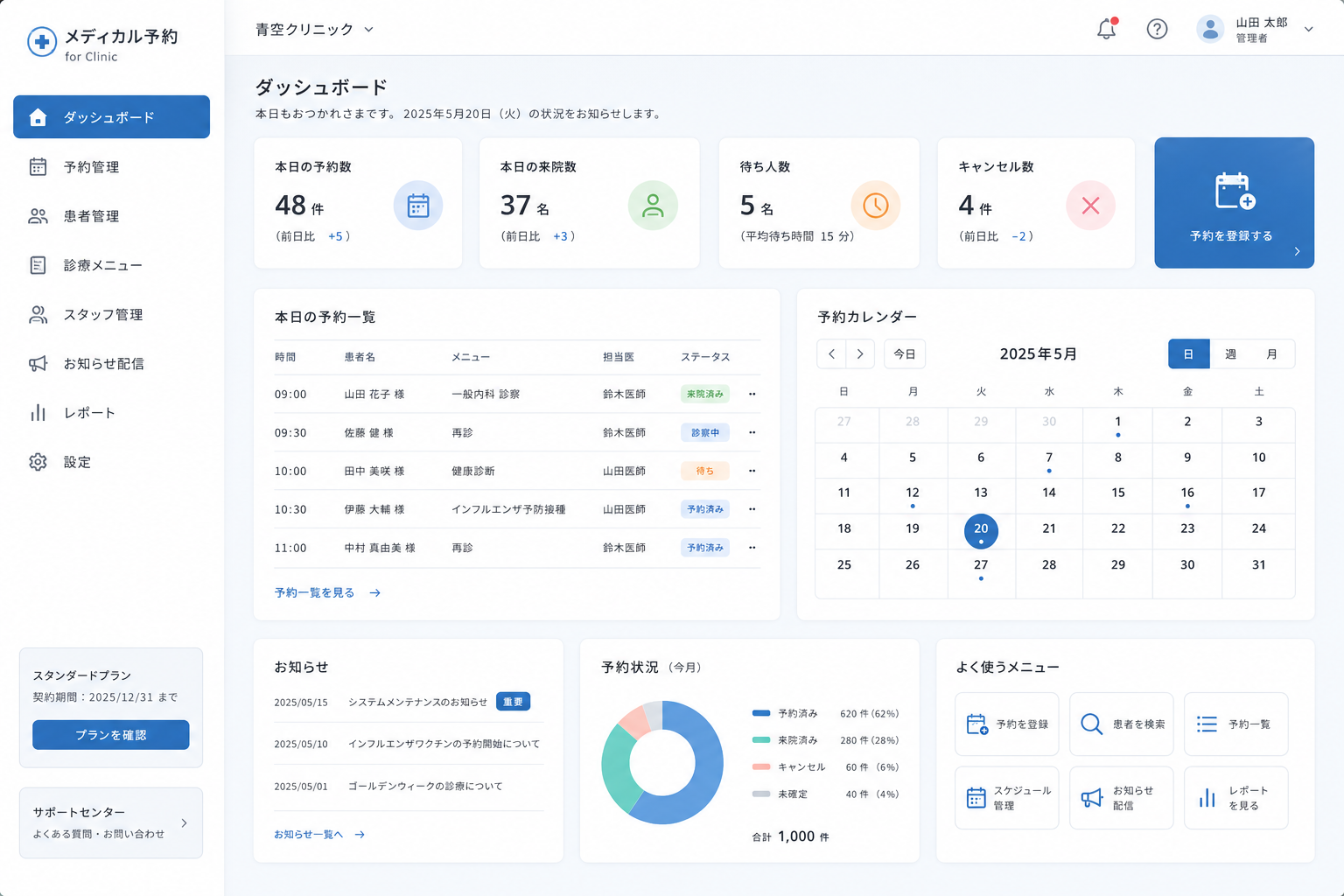 サンプル：クリニック予約管理SaaS UI